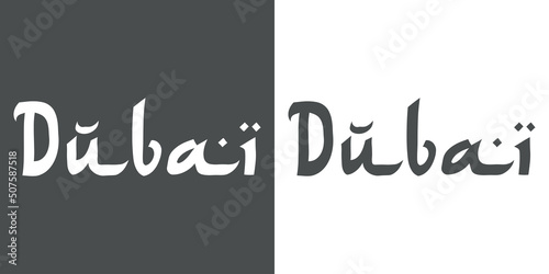 Destino de vacaciones. Banner con texto manuscrito Dubai con letras estilo árabe en fondo gris y fondo blanco