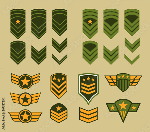 Military stripes, emblems, badges. Signs of different types of troops, ranks. Vector illustration