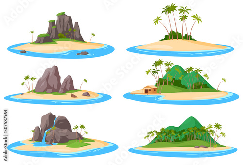Obraz na płótnie Set Tropical island in the ocean sea. Exotic natural landscape. Summer vacation. Vector illustration w salonie
