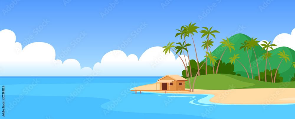 Tropical island in the ocean sea. Exotic natural landscape. Summer vacation. Vector illustration