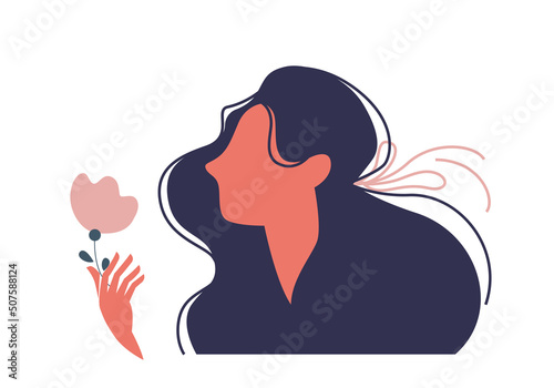 Vector abstract female portrait in profile. Young woman with a flower isolated on a white background.