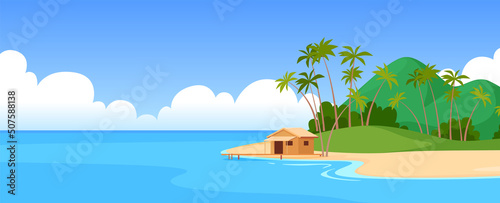 Fototapeta Naklejka Na Ścianę i Meble -  Tropical island in the ocean sea. Exotic natural landscape. Summer vacation. Vector illustration