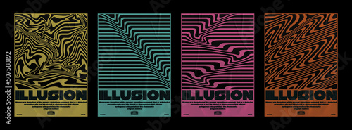 Collection of modern minimalistic abstract posters with optical illusion. Multicolored poster with paper texture