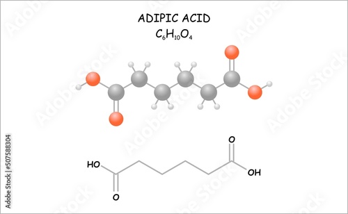 Stylized molecule model/structural formula of the flavor enhancer adipic acid. photo