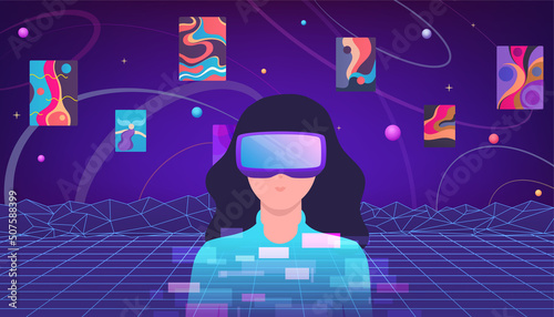 Woman in VR glasses connected to the virtual world of the metaverse. Digital space concept.