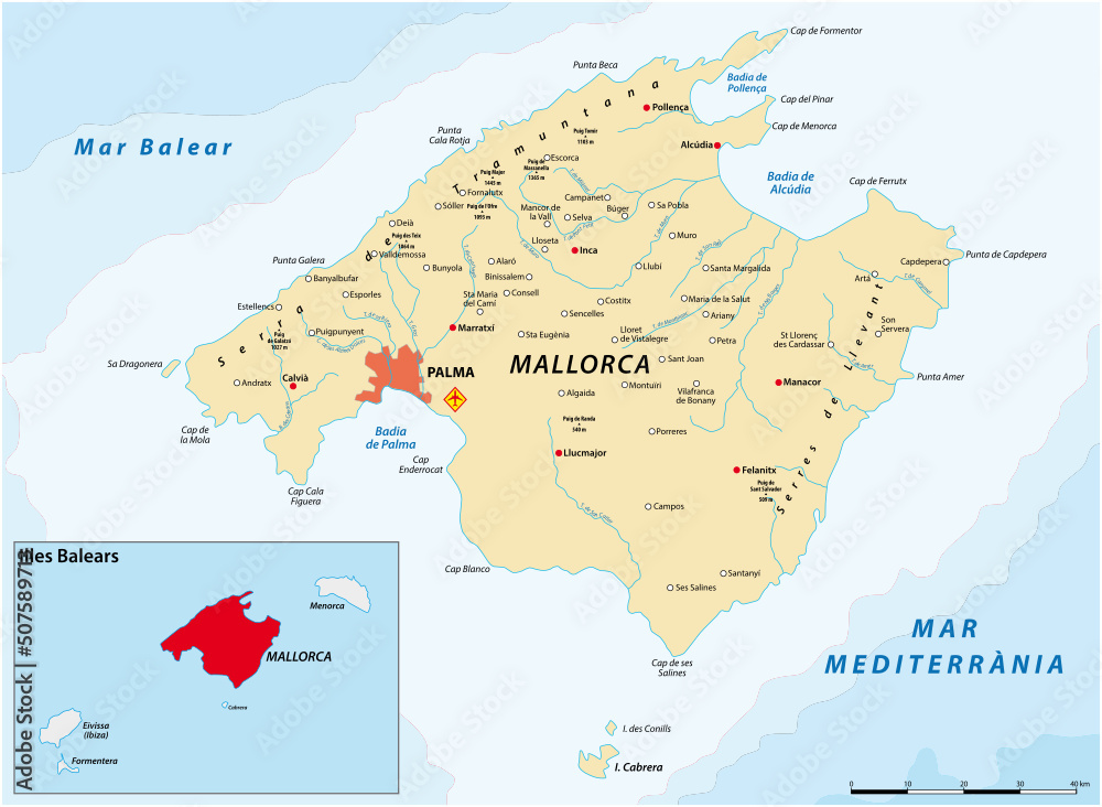 vector map of the spanish mediterranean island of Mallorca