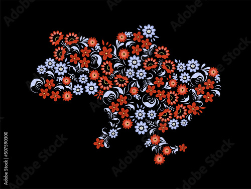 Ukraine Map Floral Vector Illustration, traditional ornament floral pattern