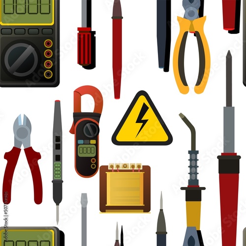 Tools for electrician. Repair of radio electronic and microprocessor equipment. Spare parts components and service. Isolated on white background. Seamless pattern. Vector
