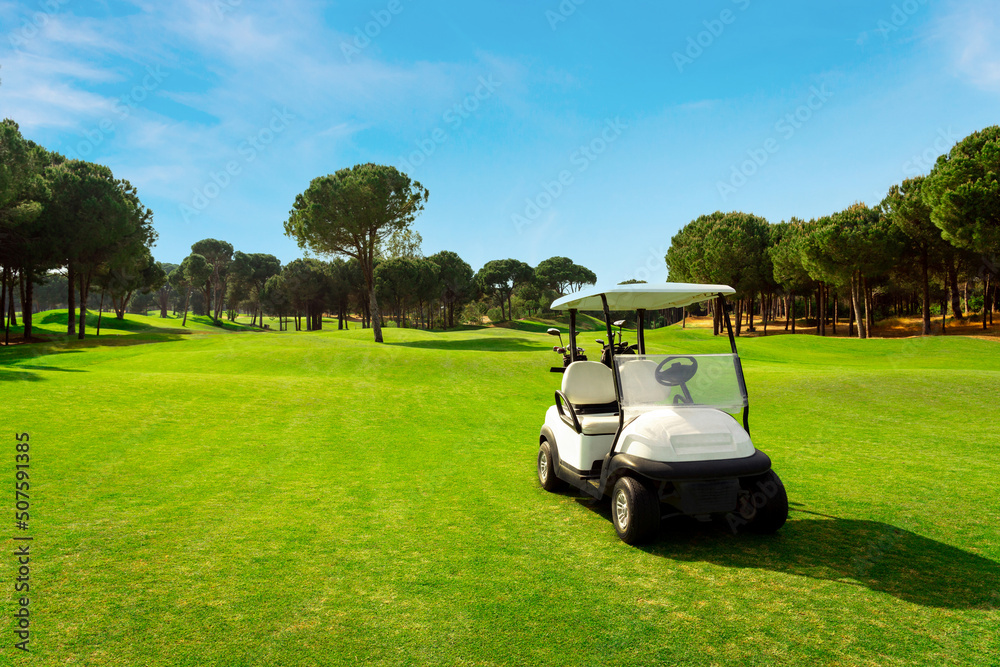 Golf cart on a golf course with green grass field with blue sky and trees