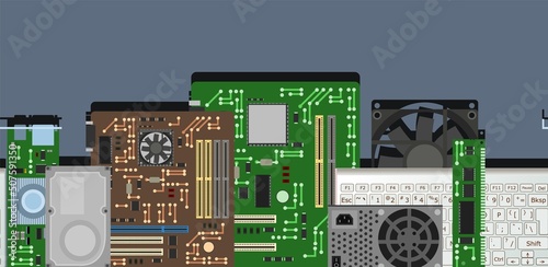 Spare part for personal computer. Horizontally seamless background. PC or laptop accessories. Board RAM memory Power supply hard drive. Motherboard and video card. Vector