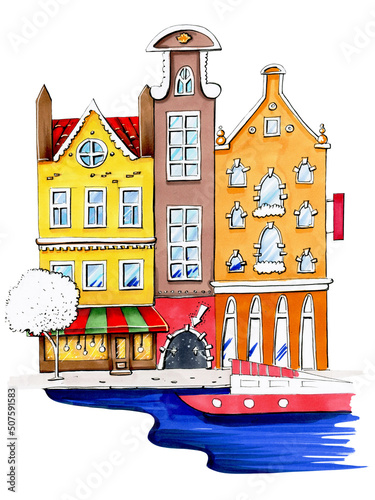 illustration children's style cartoon european street promenade by amsterdam river colored cute houses with cafes close-up