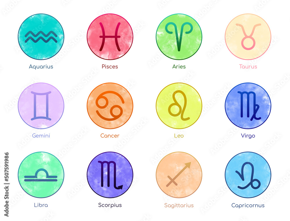 Set with 12 zodiac signs on white background, illustration - obrazy, fototapety, plakaty 
