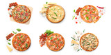 Set with different delicious pizzas and ingredients on white background, top view. Banner design
