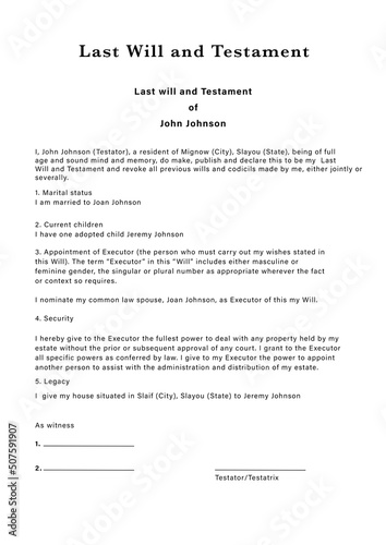 Last Will and Testament on white paper, illustration