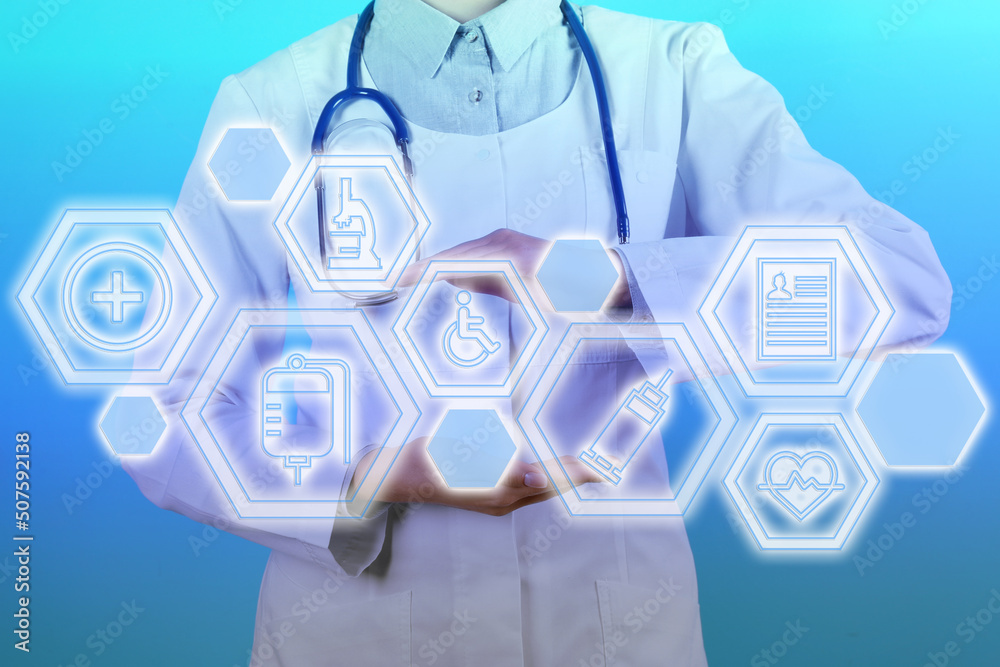 Medical technology concept. Doctor and illustration of different icons on turquoise background Medical technology concept. Doctor and illustration of different icons on turquoise background