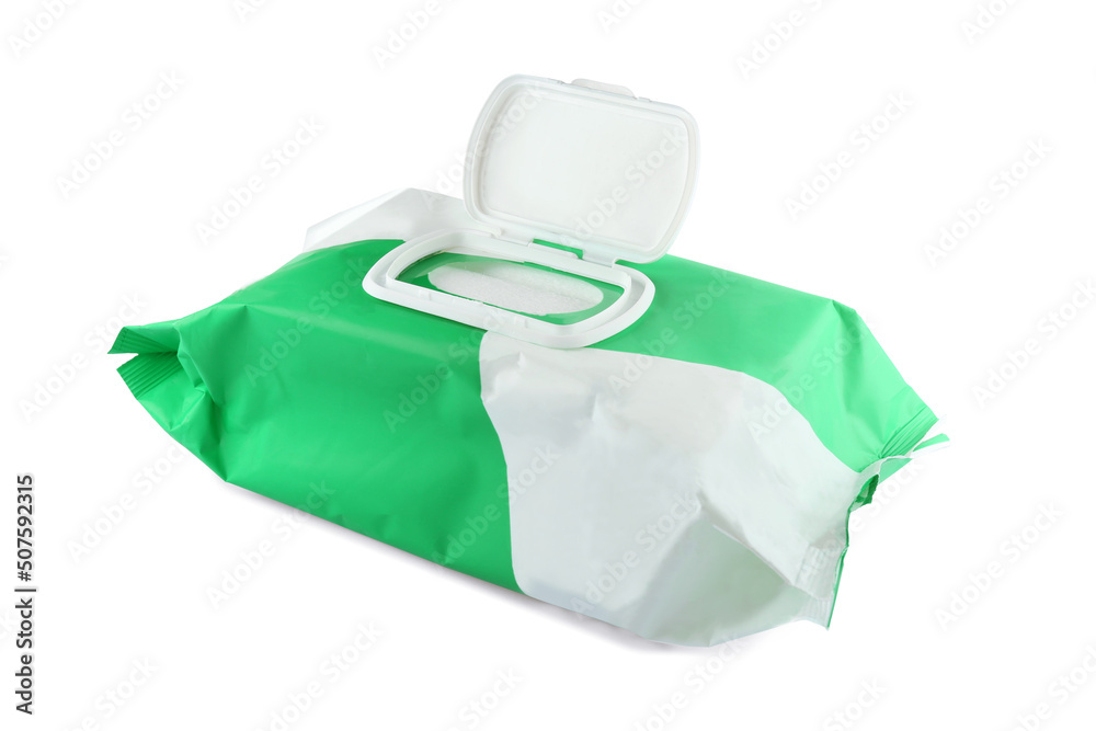 Wet wipes flow pack isolated on white Wet wipes flow pack isolated on white
