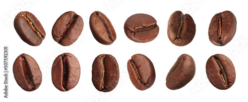 Set with aromatic roasted coffee beans on white background. Banner design