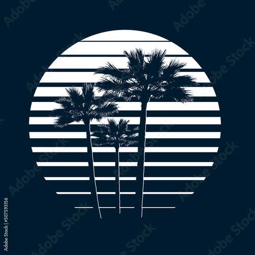 Sunset on tropical beach with palm tree. Sun on evening sea.