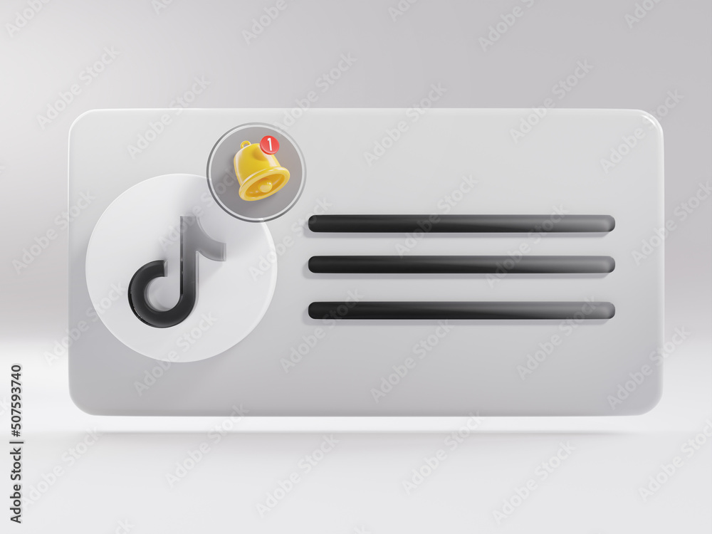 Tik Tok Notification Phone Pop Up Bell Card Social Media App 3D Render