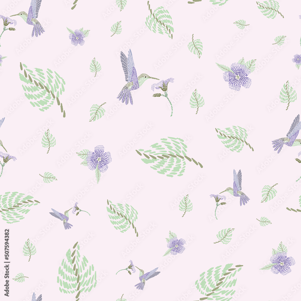 vector seamless flying hummingbird feeding with big leaf floral pattern, spring summer time, gentle romantic on a soft pink background allover print design. Print for textiles, wallpaper or print. vector seamless flying hummingbird feeding with big leaf floral pattern, spring summer time, gentle romantic on a soft pink background allover print design. Print for textiles, wallpaper or print.