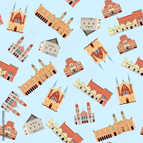 Synagogues in Kharkiv, Pilsen, Budapest, Erfurt, Cracow, Caransebes.  Seamless background pattern