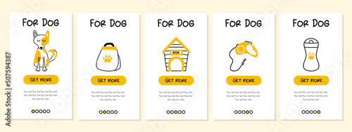Screenshots of the pet store and mobile application. Menu banner vector template for website and app development. Pet shop templates for store. Templates for dogs.