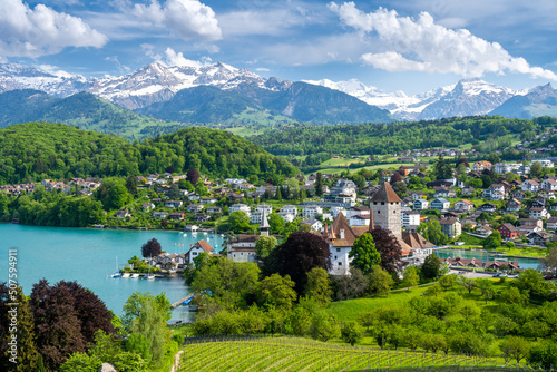 amazing view on Spiez town, Thun lake and Alps mountains in Switzerland photo