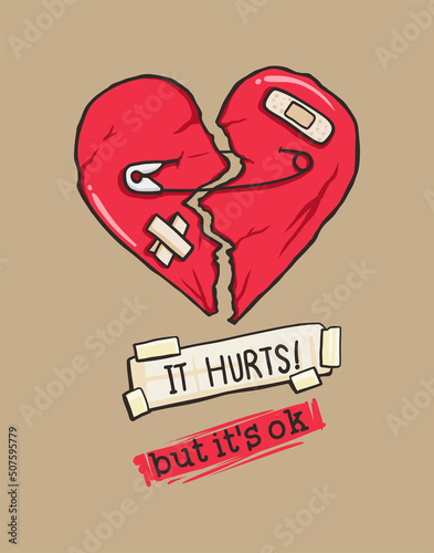 Broken heart fix with pin and bandages vector illustration