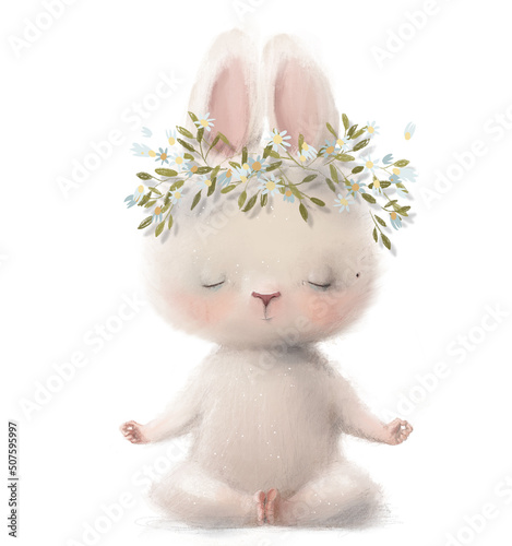 cute white hare girl character with floral wreath © cofeee