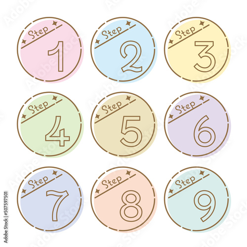 円形の数字アイコンセット　1〜9　STEP（パステルカラー・カラフル）