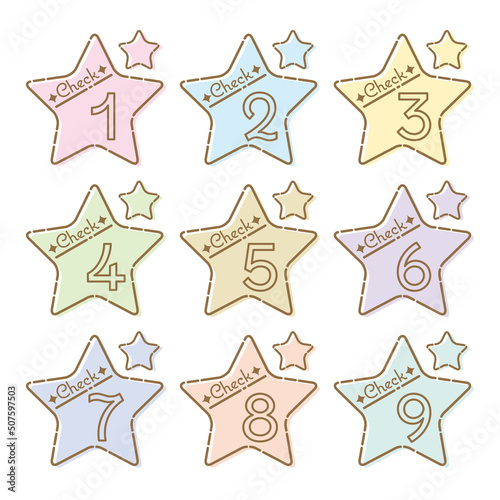 星形の数字アイコンセット 1〜9 CHECK（パステルカラー・カラフル）