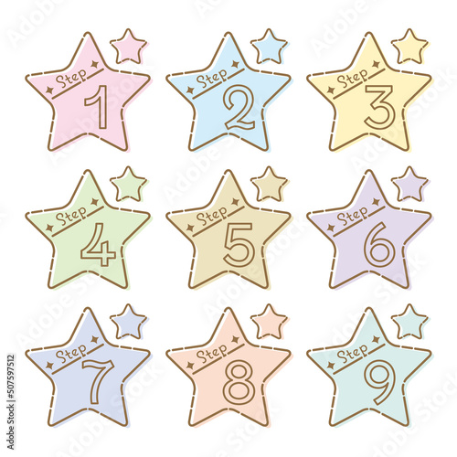 星形の数字アイコンセット 1〜9 STEP（パステルカラー・カラフル）
