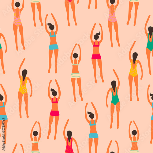 Summertime vintage seamless pattern. Cartoon characters. Vector illustration in flat style.