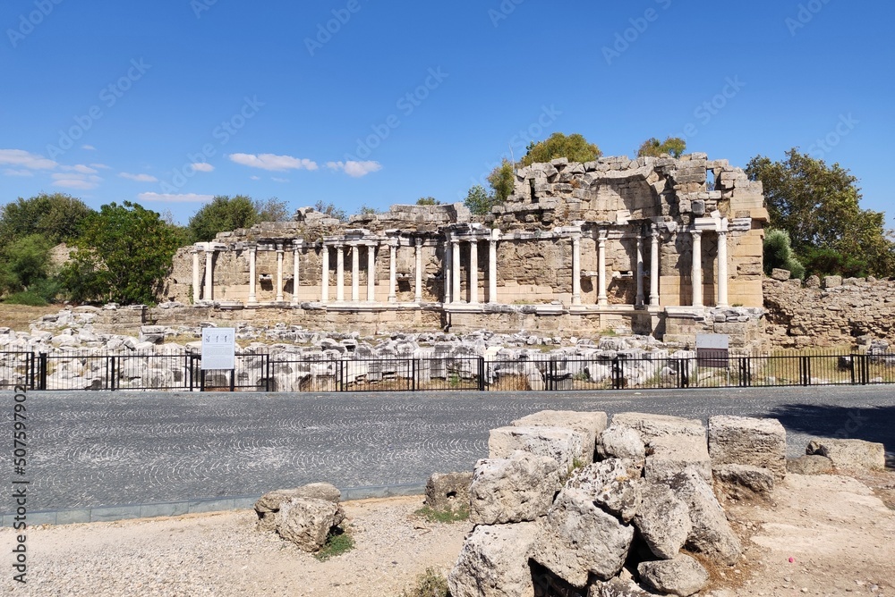 Nymphaeum fountain in Side. Turkey. Antalya. Alanya. monumental fountain. Nymphaeum. Ancient ruins. Sights of Side