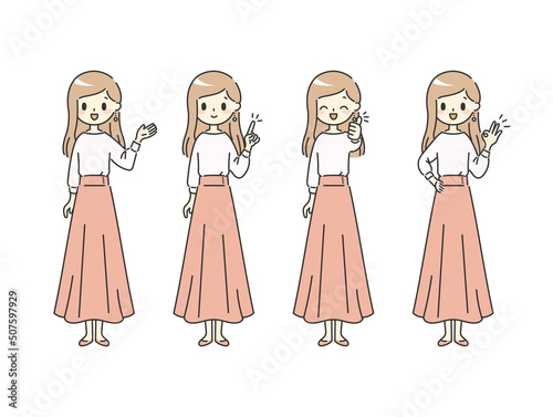色々なポーズをするスカート女性【ピンク】【全身】