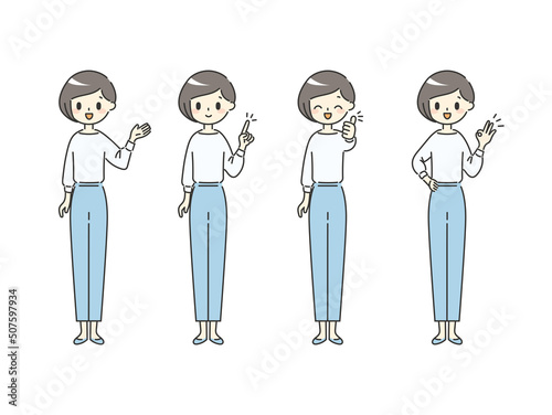 色々なポーズをする女性【ブルー】【全身】