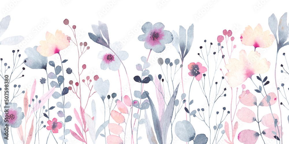 Watercolor flowers on white background. seamless pattern. Summer meadow ...