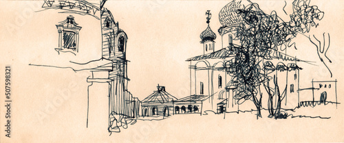 Architectural landscape with the Russian monastery back yard, church with wooden shingles on the onion domes, old houses ruins. Black and white ink and pen drawing on beige paper