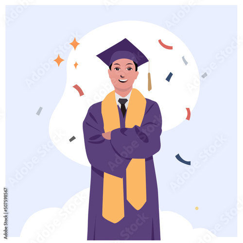 flat vector illustration of male university students with diplomas