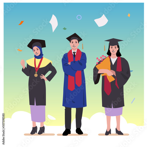 Girls and boy wearing academic gown celebrating graduation