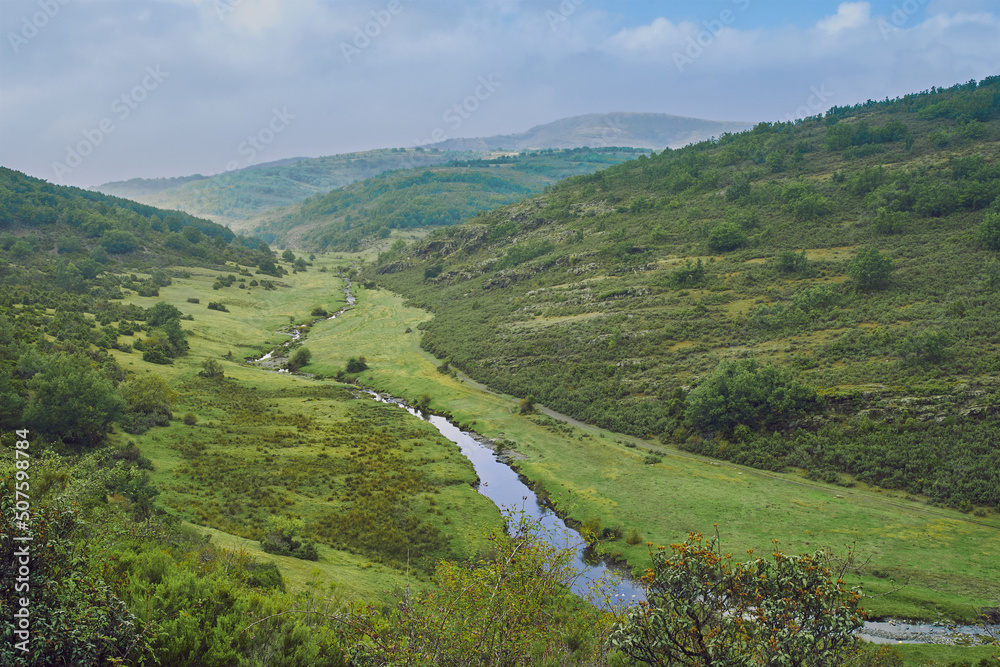 Fototapeta premium River running through the meadow in a green valley with mountains in the background