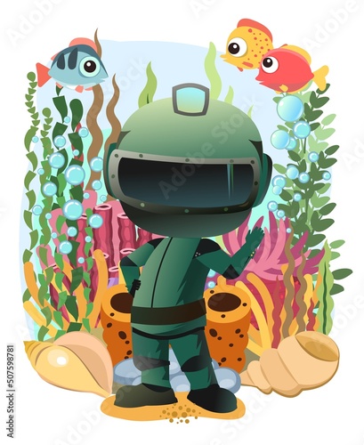 Diver in retro scuba gear near coral reefs. Guy in underwater suit bottom of pond. Funny cartoon style. Extreme sports. Person in lake or sea. Air bubbles. Boy man swim. Isolated on white. Vector