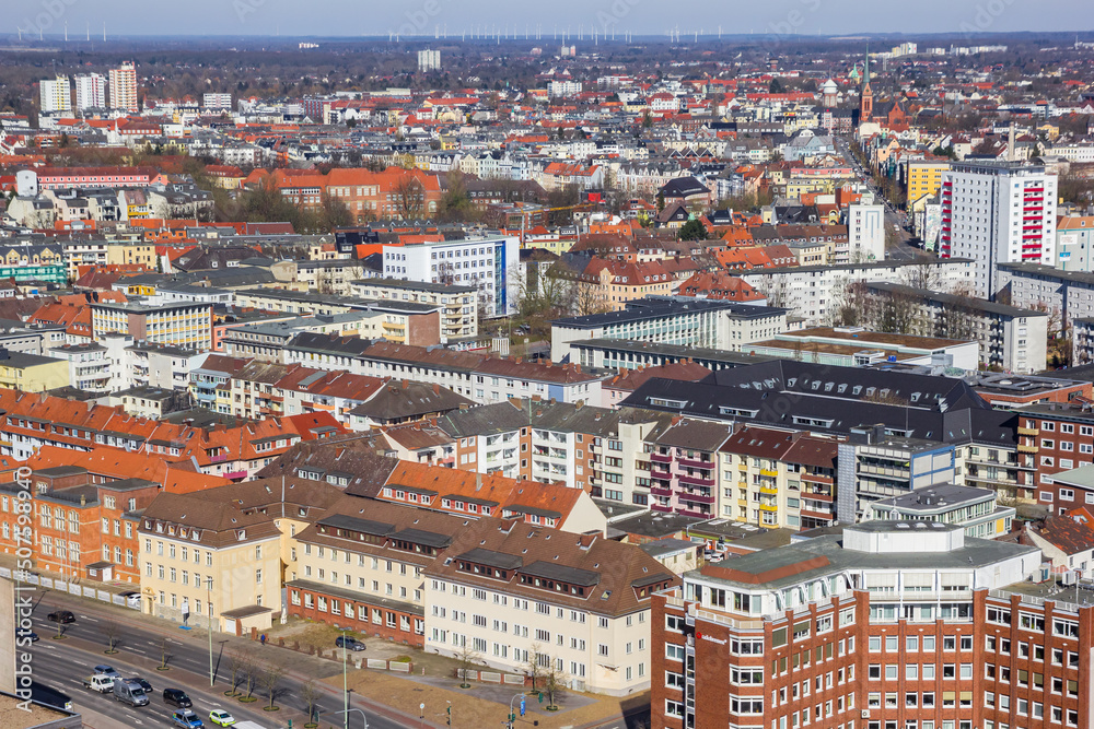 Aerial view over the the city center of Bremerhaven, Germany