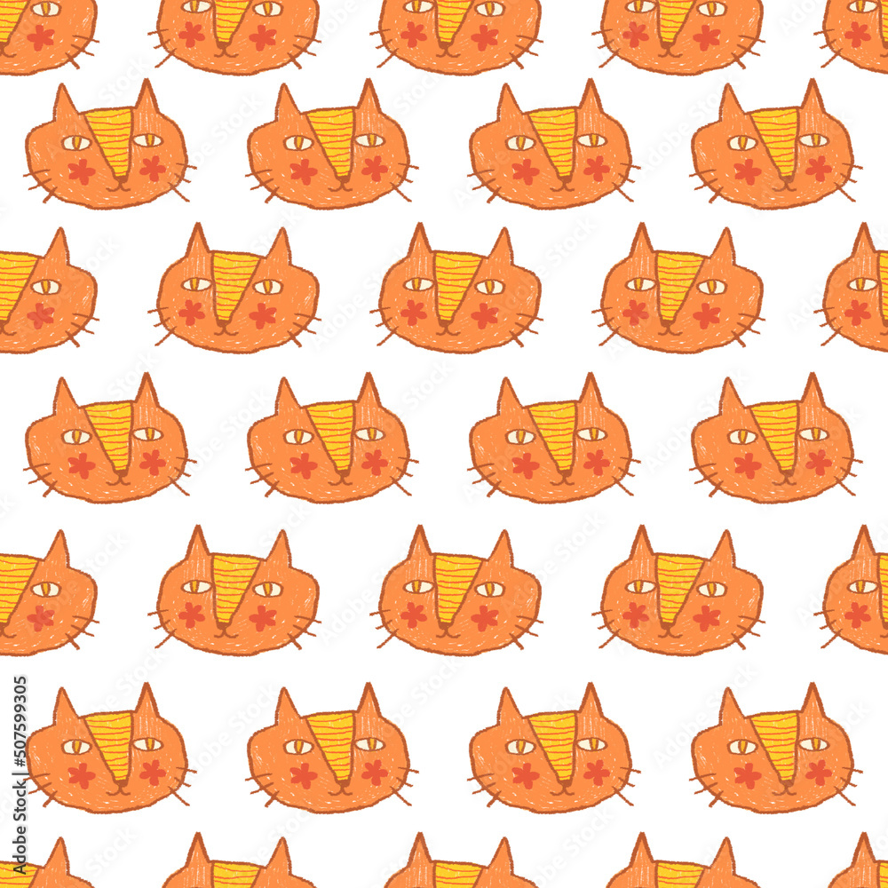 Seamless Pattern with Hand drawn cartoon cat face