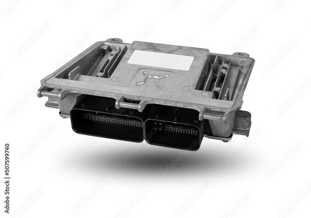 Metallic car engine control unit with plastic elements soaring on a white isolated background is connecting center of various subsystems, units and assemblies. Spare part Metallic car engine control unit with plastic elements soaring on a white isolated background is connecting center of various subsystems, units and assemblies. Spare part