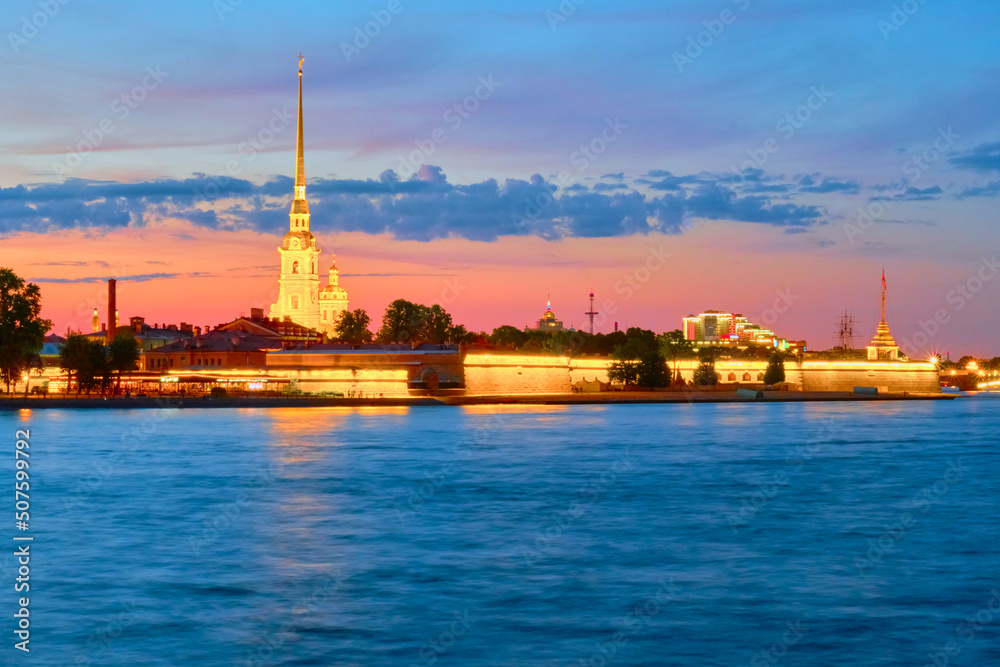 Peter and Paul Fortress and the Neva River in St. Petersburg during the White Night, Russia.