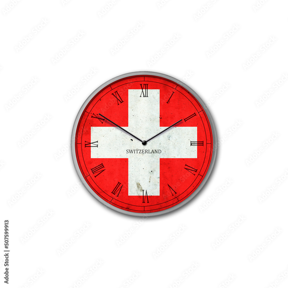 Wall clock in the color of the Switzerland flag. Signs and symbols. Isolated on a white background. Design element. Wall clock in the color of the Switzerland flag. Signs and symbols. Isolated on a white background. Design element.