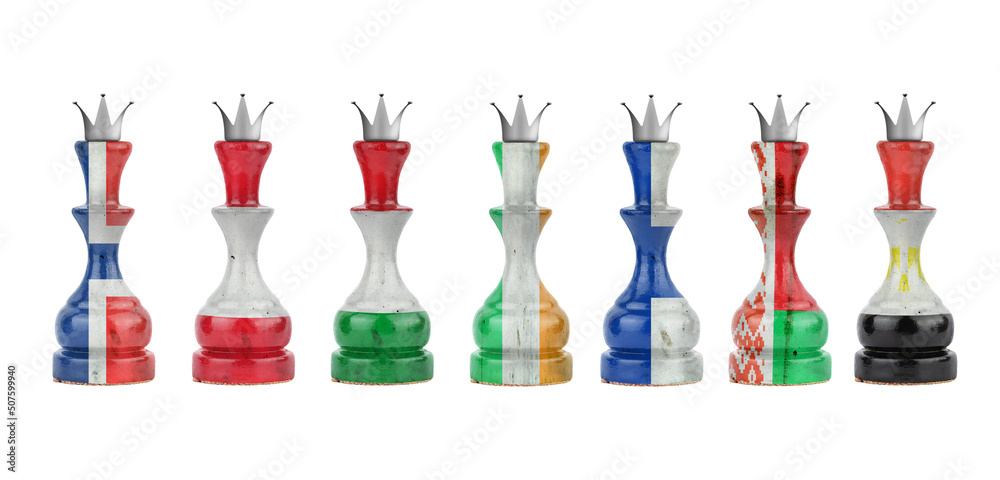 Chess queens in the colors of the flag of different countries. Isolated on a white background. Sport. Politics. Business.