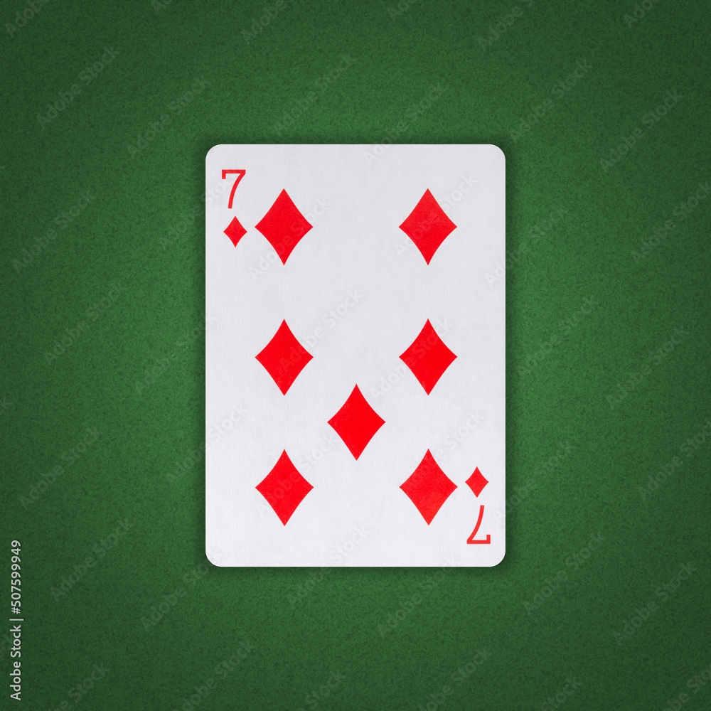 Seven of Diamonds on a green poker background. Gamble. Playing cards. Seven of Diamonds on a green poker background. Gamble. Playing cards.