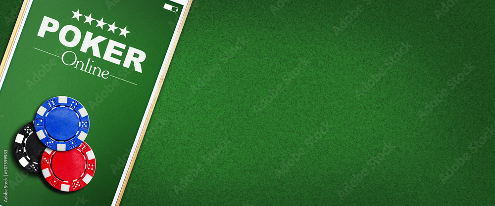 Online poker concept. Smartphone and poker chips on a green background. Poker online banner. Copy space. Vignette. Place for text. Gambling. Online poker concept. Smartphone and poker chips on a green background. Poker online banner. Copy space. Vignette. Place for text. Gambling.